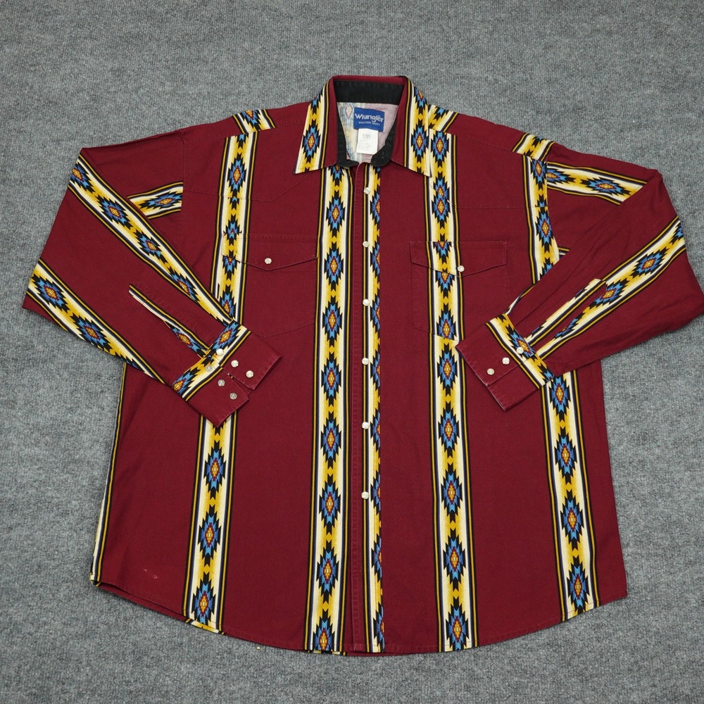 Vintage Wrangler Shirt Mens XL Burgundy Aztec Stripe Pearl Snap Southwestern